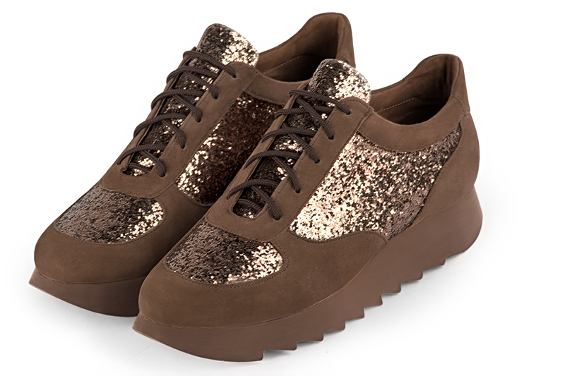 Chocolate brown and bronze gold women's one-tone elegant sneakers. Round toe. Low rubber soles. Front view - Florence KOOIJMAN